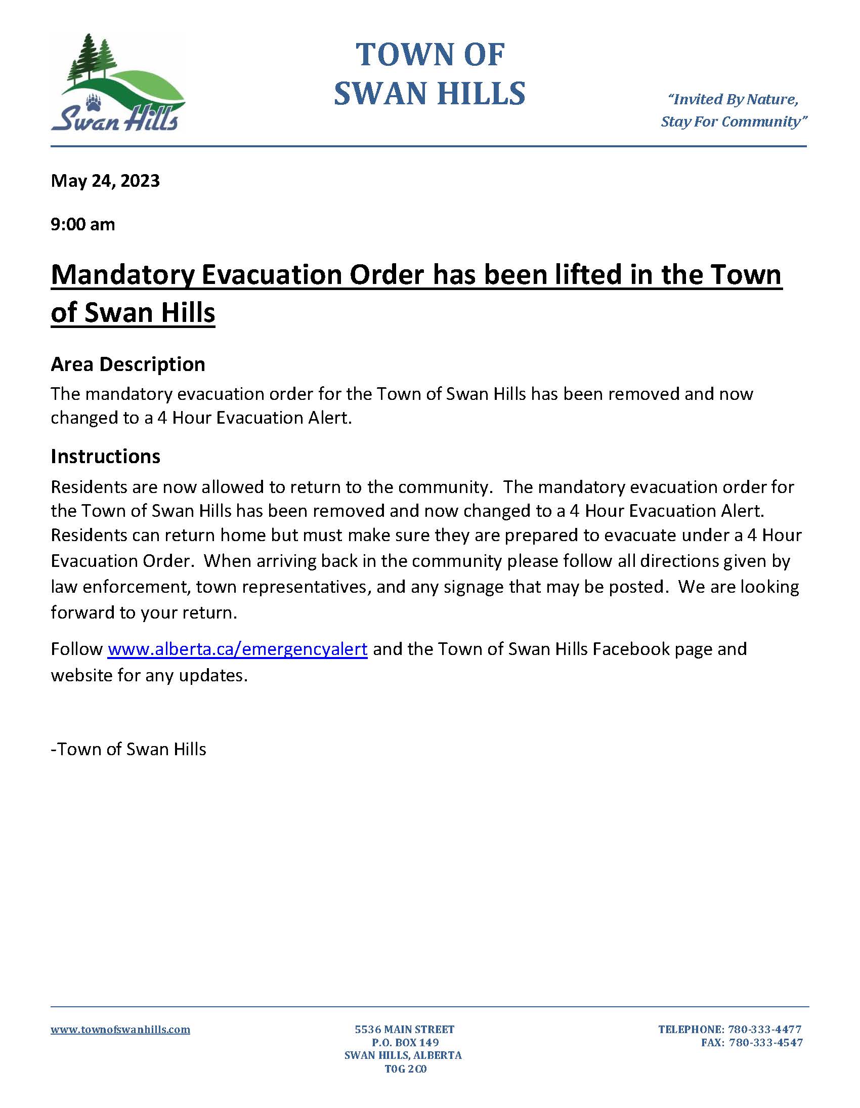 Evacuation Order Lifted – Town Of Swan Hills